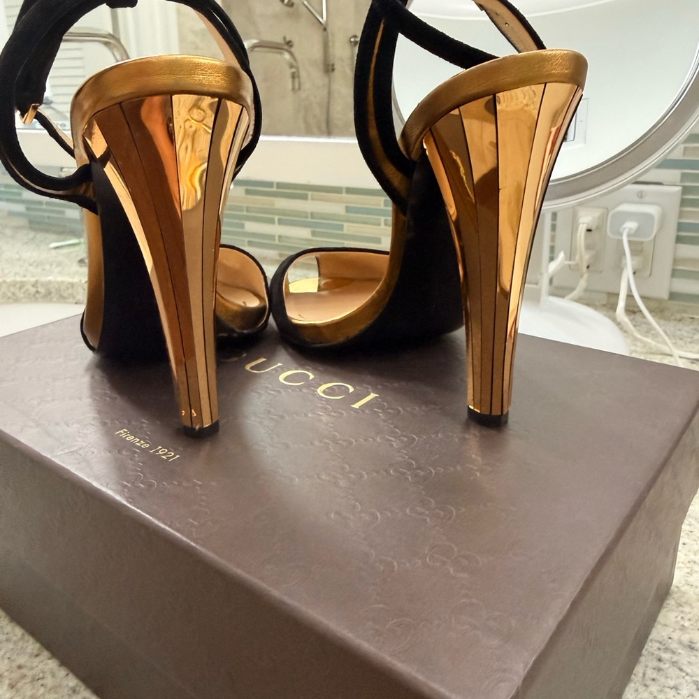 Gucci Black Suede and Gold Strappy Heels, 4 inch mirrored heel, peep toe. - Picture 7 of 12